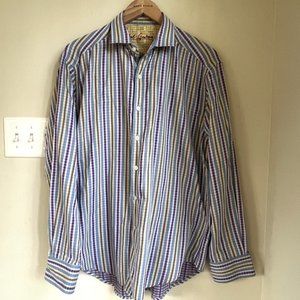 Robert Graham Striped Dress Shirt with Flip Cuffs, Purple/Blue/Yellow Size L/XL